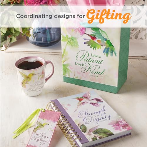 Christian Art Gifts Large Ceramic Inspirational Scripture Coffee & Tea Mug for Women: Grace is Sufficient Silver Bible Verse, Cute Lime Green Hummingbird Novelty Drinkware, White/Pink Floral, 14 oz. - color: Pink/Grace