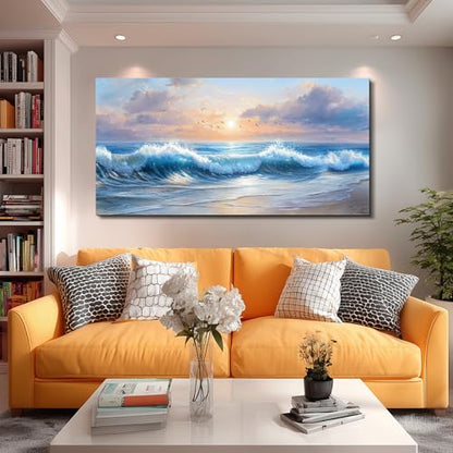 XIGUANGART Beach Pictures Wall Art,Coastal Sunrise Seascape Painting 24x48 - color: Sea Wave Painting, size: 48"L x 24"W