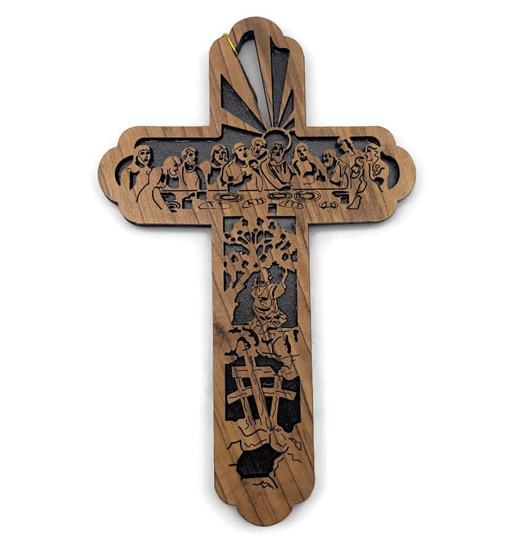 Last Supper Cross for Wall, Set of 3 Olive Wood Holy Land Cross from Bethlehem, Wooden Cross Wall Decor, Christmas Tree Ornament, Religious Gifts for Home, 6.25" x 4.1" - style: 3 Crosses