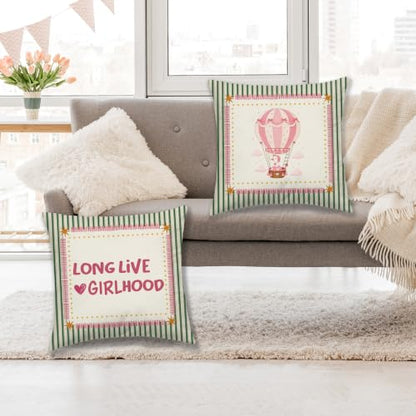Dibor Hot Air Balloon Goose Girl Nursery Throw Pillow Cover 18x18 Set of 2 - color: Girlhood