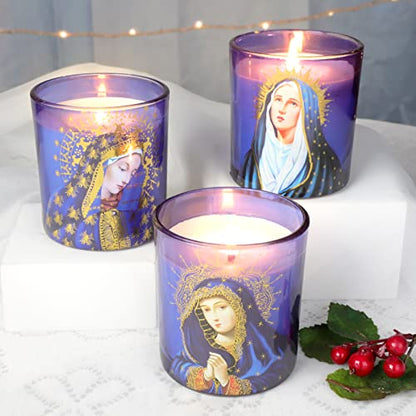 Jar Candles Rosemary Scented Soy Candle Set of 3 Blessed Virgin Mary Devotional Vigil Candles Long Lasting Burn for Catholic Church Home Altar Religious Prayer Spiritual Meditation - color: Religious Theme