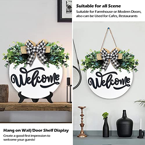 White Welcome Sign for Front Door, 12 Inch Round Wood Wreath