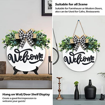 White Welcome Sign for Front Door, 12 Inch Round Wood Wreath