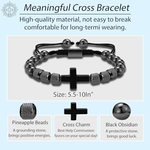 Cross Bracelet for Boys Teens, Adjustable Obsidian Beads Bracelets Christian Religious Jewelry Gifts for Teen Teenage Boys - style: To My Son