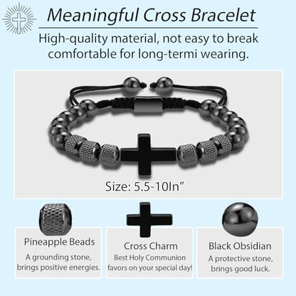 Cross Bracelet for Boys Teens, Adjustable Obsidian Beads Bracelets Christian Religious Jewelry Gifts for Teen Teenage Boys - style: To My Son