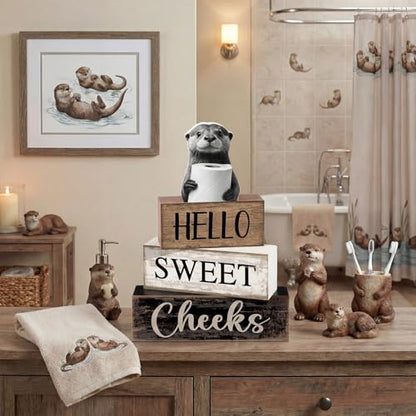 Moucuny 4 Pcs Otter Bathroom Decor Wooden Block Signs Hello Sweet Cheeks - style: Bathroom Otter