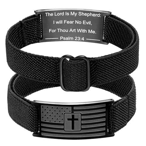 Easter Basket Stuffers - American Flag Cross Bracelet for Boys Men Freedom Adjustable Strap Christian Bracelets Engraved Bible Verses Inspirational Messages Religious Prayer Jewelry Gift Military Patriotic Wristbands - color: Black, size: Psalm 23 4
