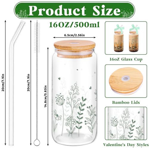 2 Pcs Floral Glass Cups Cute Flower Iced Coffee Cup With Lids and Straws - style: Sage Green Floral