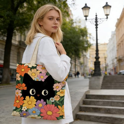 Canvas Tote Bags Reusable Shopping Bag for Women with Zippered Inner Pocket Magnetic Snap Closure - color: Black Cat 2