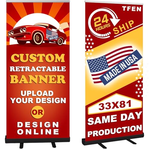 Custom Banner Aluminum Black Retractable Banner-Made in USA-33"x81" with Stand Roll up Banner for Business, Trade Shows, Stores, Advertising, Events, Personalized Banners - size: 33x81 Black Base