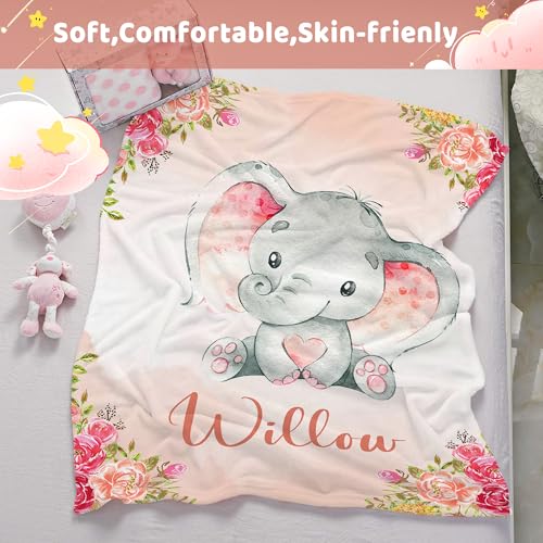 Personalized Baby Elephant Blanket for Girls with Name - color: Orange Elephant