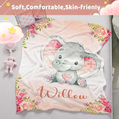 Personalized Baby Elephant Blanket for Girls with Name - color: Orange Elephant