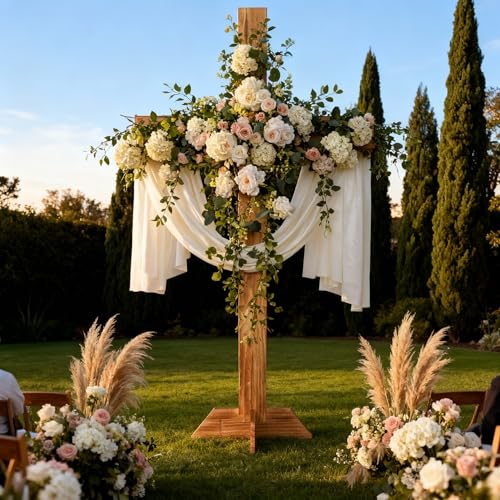 59Inch Large Wooden Cross for Wedding White Ribbon Eucalyptus Garland Brown - color: Brown, size: 59Inch