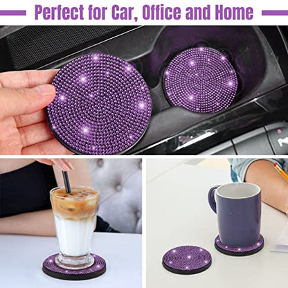 ToBeQueen Purple Car Cup Holder Coaster, 4 Pack Crystal Rhinestone Bling Car Coaster Universal 2.75 Inch Anti-Slip Shockproof Car Cup Holder Insert Auto Interior Accessories for Women Girl, Purple - color: H-purple