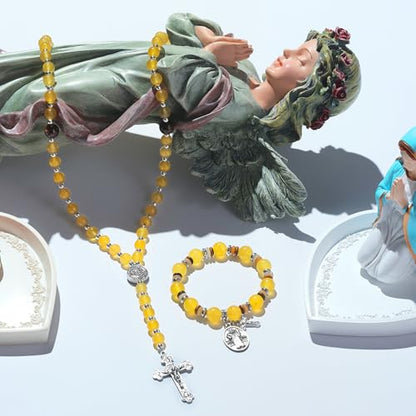 Rosary for Men Women, Natural Stone Beads with St. Benedict Bracelet - color: Yellow