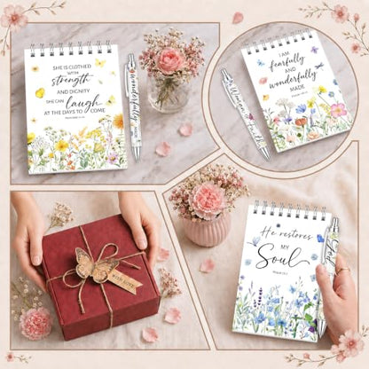 Sprial Notebooks with Pens Bulk, 48 Pack, 5.5 x 4.7 Inch Scripture - color: Wildflower Meadow Scripture