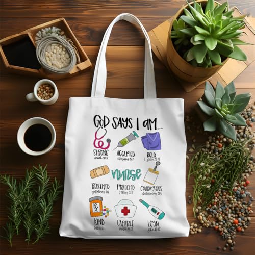 VICBOU Bible Verse Canvas Tote Bag, Inspirational Religious Christian Gifts for Women Men Canvas Tote Reusable Grocery Bags - color: Godsays06