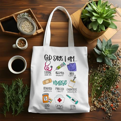 VICBOU Bible Verse Canvas Tote Bag, Inspirational Religious Christian Gifts for Women Men Canvas Tote Reusable Grocery Bags - color: Godsays06