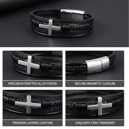 Stainless Steel Braided Leather Bracelet for Men Cuff Bangle Cross - color: 1-silver