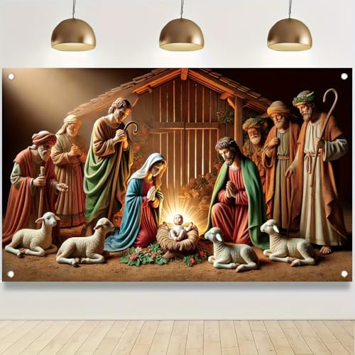 Christmas Nativity Scene Banner 71x43 Inch Outdoor Holy Family Birth of Jesus with Shepherds and Animals Religious Christian Xmas Decoration for Church Home Yard Party - color: Peaceful Manger