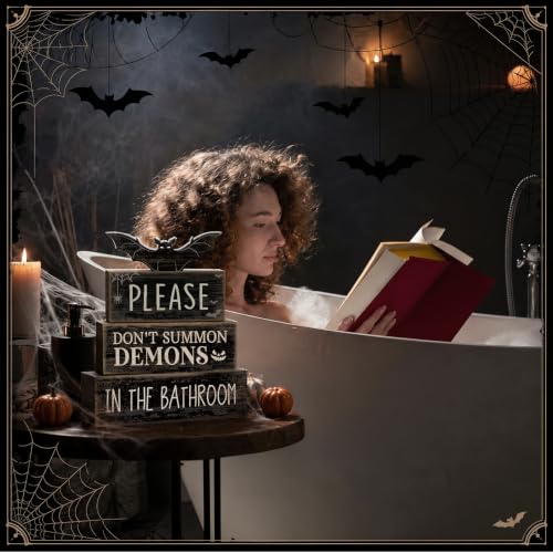 Moucuny 4 Pcs Halloween Table Decoration Gothic Bat Wooden Stacked Blocks - style: Bat & Demon