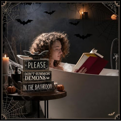 Moucuny 4 Pcs Halloween Bathroom Decoration Gothic Bat Wooden Stacked Block - style: Bat & Demon