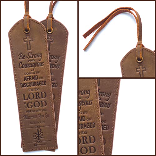 Leather Bible Bookmarks - 2 Leather Christian Bookmarks with Inspirational Bible Verse | Joshua 1: 9 Be Strong & Courageous | Perfect Religious Book Marker Gifts for Men, Women, Readers and Friends - style: Joshua 1:9