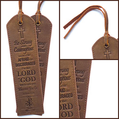 Leather Bible Bookmarks - 2 Leather Christian Bookmarks with Inspirational Bible Verse | Joshua 1: 9 Be Strong & Courageous | Perfect Religious Book Marker Gifts for Men, Women, Readers and Friends - style: Joshua 1:9