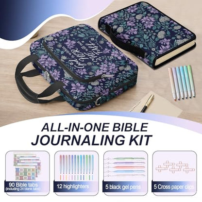 Lilac Bible Cover Case for Women with Shoulder Strap & Handle Zipper Pocket, Large Bible Bag with Study Supplies Journaling Kit Book Carrying Case, Pens Highlighters Cross Clips Tabs - color: Purple Lilac