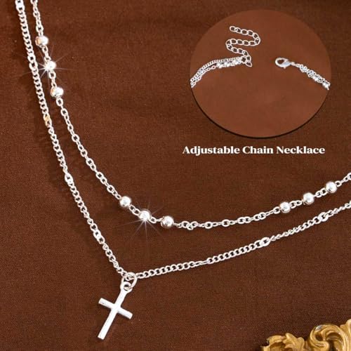 Sterling Silver Plated Cross Necklace 14K Gold Layered Beads Necklace Chain Waterproof Trendy Jewelry for Women - color: Silver