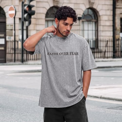 Tuislay Faith Over Fear Shirt Men Jesus Christian Shirts Oversized Graphic Tshirts God Religious Bible Verse T-Shirts Clothes - color: Light Gray, size: XX-Large