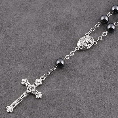 Hematite Beads Auto One Decade Car Rosary Clasp Terra Jerusalem Medal - style: Black