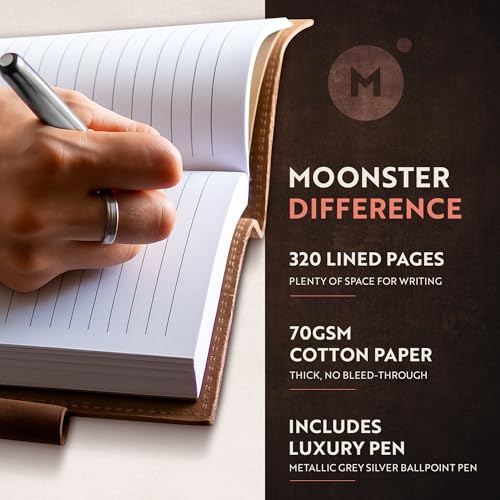 moonster Leather Journal for Men and Women – Full-Grain Buffalo Leather Bible Journal, Bible Study Journal, Daily Journal with Pen – Leather Notebook, Journals for Women, Sermon Notes Notebook Gift