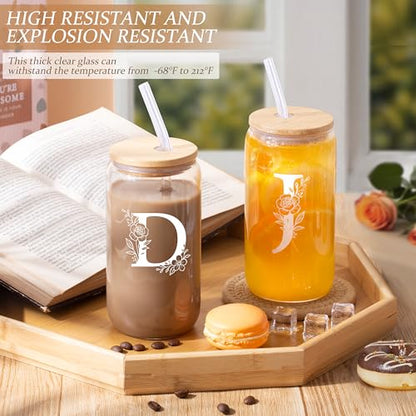 Personalized Gifts for Women, Monogrammed Gifts for Women, Initial 16 oz Glass Cups With Lids and Straws, Customized Mug, Personalized Birthday Gifts Christmas Gift for Her Mom Friend Woman, D - style: D
