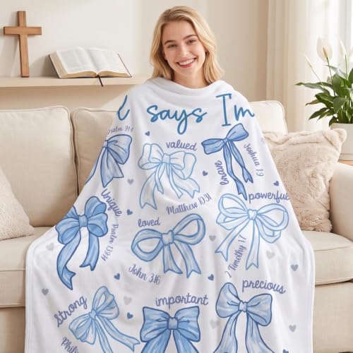 Blue Bow Christian Throw Blanket, Religious Flannel Blanket Gifts - color: Blue Bow