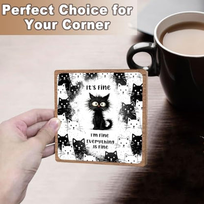 Cat Lover Gifts for Women Coworker, Funny Office Desk Decor, Wooden Plaque - style: Everything is fine