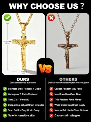 U7 Crucifix Cross Necklace for Men,with 18"-26" Chain - color: 01.Gold
