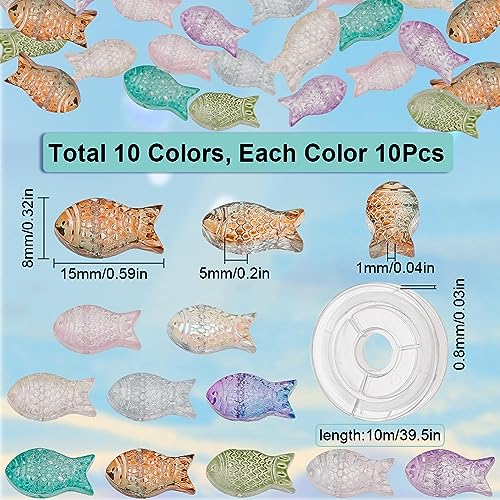 SUNNYCLUE 1 Box 100Pcs Fish Beads Bulk Transparent Glass Fish Bead Colorful Pink Green Blue Marine Life Summer Sea Ocean Animal Mermaid Charms for Jewelry Making Kit Adult Women - color: 1 Box 100pcs Side Drilled Fish Bead Mixed Color