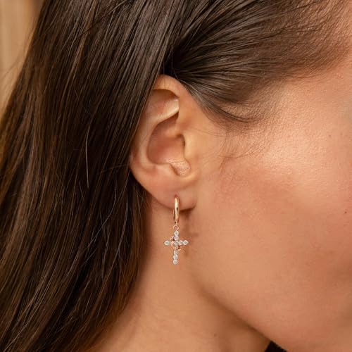 Robaice 14K Gold Plated Crown Cross Huggie Hoop Earrings for Women - color: Rose Gold