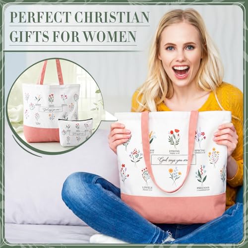 Aliceset 12 Pcs Christian Religious Gift for Women Bulk Included Bible Verse Canvas Tote Bag with Cosmetic Bag for Her Women Sister Mom Wife Birthday Mothers Day(Flower) - style: Flower