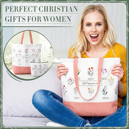 Aliceset 12 Pcs Christian Religious Gift for Women Bulk Included Bible Verse Canvas Tote Bag with Cosmetic Bag for Her Women Sister Mom Wife Birthday Mothers Day(Flower) - style: Flower