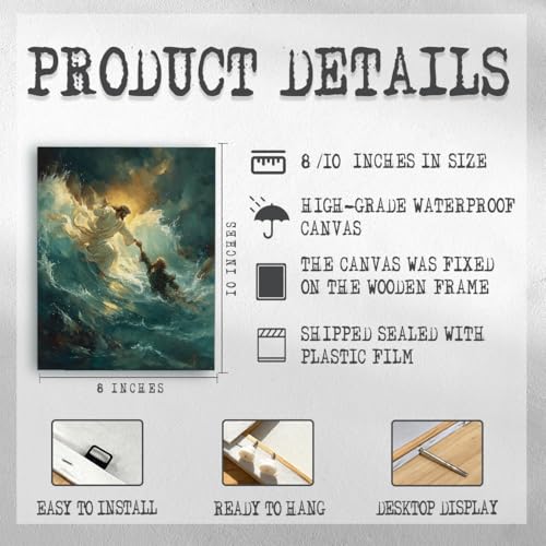 RTVJTERQ Biblical Canvas Wall Art, Jesus Rescues Peter From The Waves Art Print, Christian Faith Wall Decor for Prayer Room Church 8x10 Inch - color: Patriotic 19