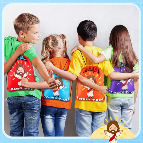 24 Pcs Religious Drawstring Bags Bulk Christian Gift Bags, Jesus Loves You Vbs Backpacks for Sunday School, Bible Drawstring Backpack Graduation Church Camp Party Favors - style: Jesus Loves You