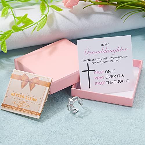 Harlermoon To My Daughter Pray Through It Cross Ring Double Cross Adjustable Baptism Gold CZ Diamond Creative Wedding Commitment Ring for Woman - color: silver-to my granddaughter