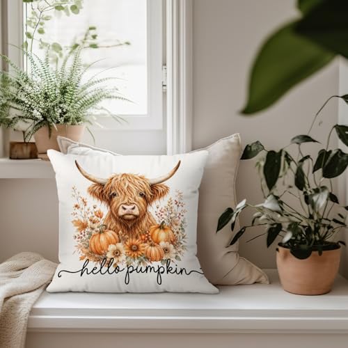 Hello Pumpkin Fall Highland Cow Floral Throw Pillow Covers 18x18 - color: Cow