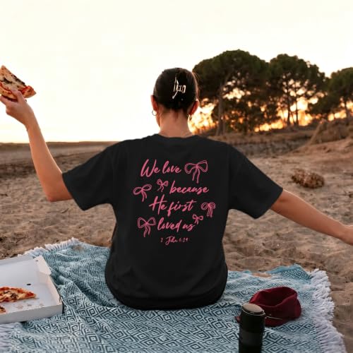 Christian Faith Bow Shirts for Women Cute Coquette Shirt Jesus Religious Tshirts Bible Verse Oversized Graphic Tee - color: Black, size: X-Large