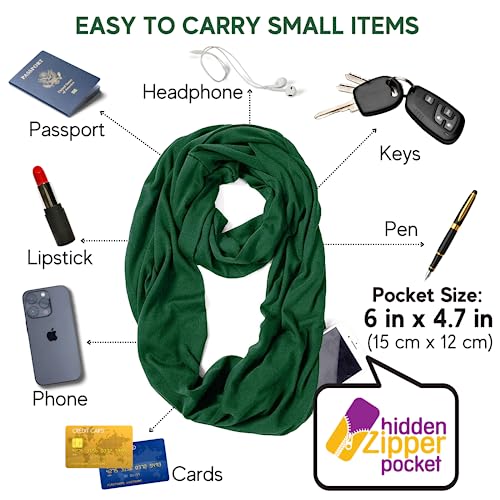 elzama Infinity Loop Solid Color Scarf With Hidden Zipper Pocket For Women - Lightweight Travel Neck Wrap - color: 11-dark Green