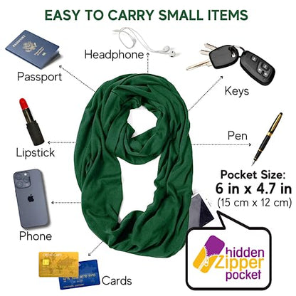elzama Infinity Loop Solid Color Scarf With Hidden Zipper Pocket For Women - Lightweight Travel Neck Wrap - color: 11-dark Green