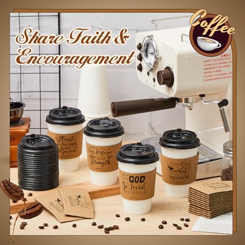 Jingmore 24 Set 12oz Christian Coffee Cups with Lids and Sleeves Disposable Bible Verse Paper Hot Cups for Religious Party Favors Sunday School Church Baptism