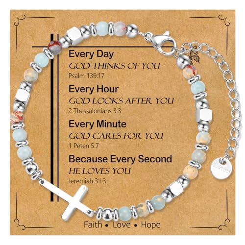 Christian Cross Bracelet for Women Girls, Adjustable Stainless Steel Beaded Cross Bracelets, First Communion Confirmation Easter Religious Bapstim Natural Gemstone Jesus Bracelet Gifts for Her - style: Every Day